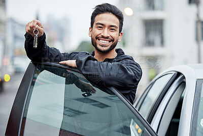 Buy stock photo New car, city and portrait of man with keys after vehicle purchase to drive, transport and travel on street. Transportation, loan approval and happy person with freedom for trip, journey or adventure