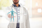 Doctor, man and analytics, hologram and skeleton, overlay and graphs with healthcare information. Mockup space, human anatomy and x ray with infographic, male person in medicine and health with 3D 