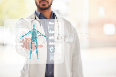 Buy stock photo Doctor, man and analytics, hologram and skeleton, overlay and graphs with healthcare information. Mockup space, human anatomy and x ray with infographic, male person in medicine and health with 3D 