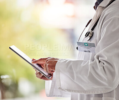 Buy stock photo Tablet, doctor and hands for medical information, hospital software or research. Closeup of healthcare professional, digital technology and consulting services for telehealth, data review or planning