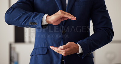 Buy stock photo Hands, finance and a business man in the office closeup to offer cover for security or safety. Insurance, support and hand gesture with a male employee working in an investment agency for protection