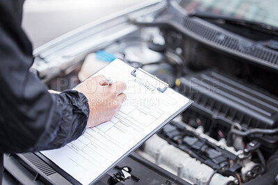 Buy stock photo Checklist, car insurance and man writing on documents for compliance, maintenance and engine control. Vehicle, inspection and hand of male mechanic with paper form for information, note and claim
