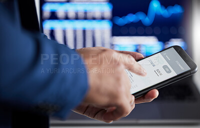 Buy stock photo Hands, phone data and stock market trader search dashboard, fintech app and cryptocurrency software. Closeup of business man, mobile finance and trading, banking investment and accounting of stocks 