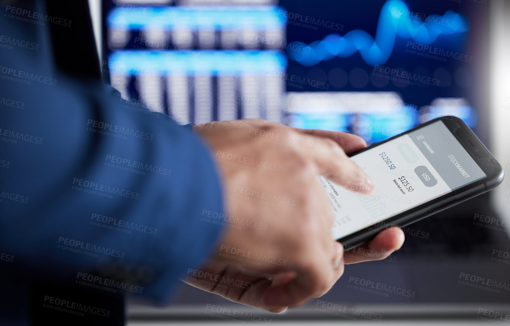 Buy stock photo Hands, phone data and stock market trader search dashboard, fintech app and cryptocurrency software. Closeup of business man, mobile finance and trading, banking investment and accounting of stocks 
