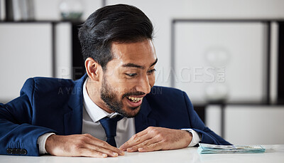 Buy stock photo Businessman with cash investment, smile and dollars in trade office with bank profit, bonus and financial growth. Money, bills and happy man, stock market trading or loan payment with budget increase