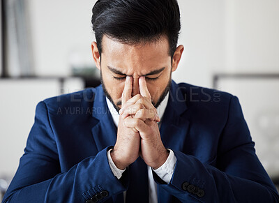 Buy stock photo Corporate, headache and business man with anxiety, debt and frustrated for stock market crash. Face of sad trader, salesman and migraine of stress, bankruptcy or burnout of financial crisis in office