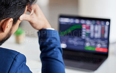 Buy stock photo Closeup, sad and laptop with man and stock market crash for finance, inflation and investment. Failure, anxiety and stress with male employee for accounting risk, data analytics and trading crisis