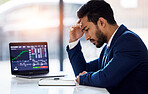Trading, sad and laptop with man and stock market crash for finance, inflation and investment. Failure, anxiety and stress with male employee for accounting risk, data analytics and trade crisis