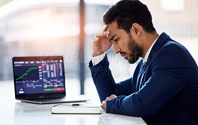Buy stock photo Trading, sad and laptop with man and stock market crash for finance, inflation and investment. Failure, anxiety and stress with male employee for accounting risk, data analytics and trade crisis