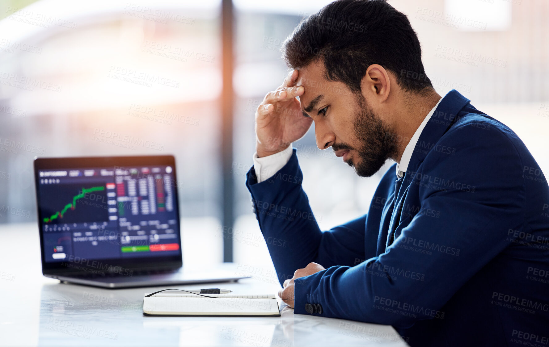 Buy stock photo Trading, sad and laptop with man and stock market crash for finance, inflation and investment. Failure, anxiety and stress with male employee for accounting risk, data analytics and trade crisis