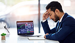 Inflation, sad and laptop with man and stock market crash for finance, trading and investment. Failure, anxiety and stress with male employee for accounting risk, data analytics and trade crisis