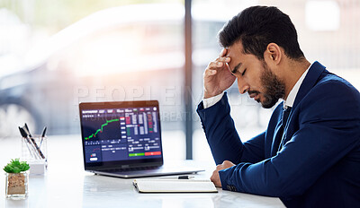Buy stock photo Inflation, sad and laptop with man and stock market crash for finance, trading and investment. Failure, anxiety and stress with male employee for accounting risk, data analytics and trade crisis