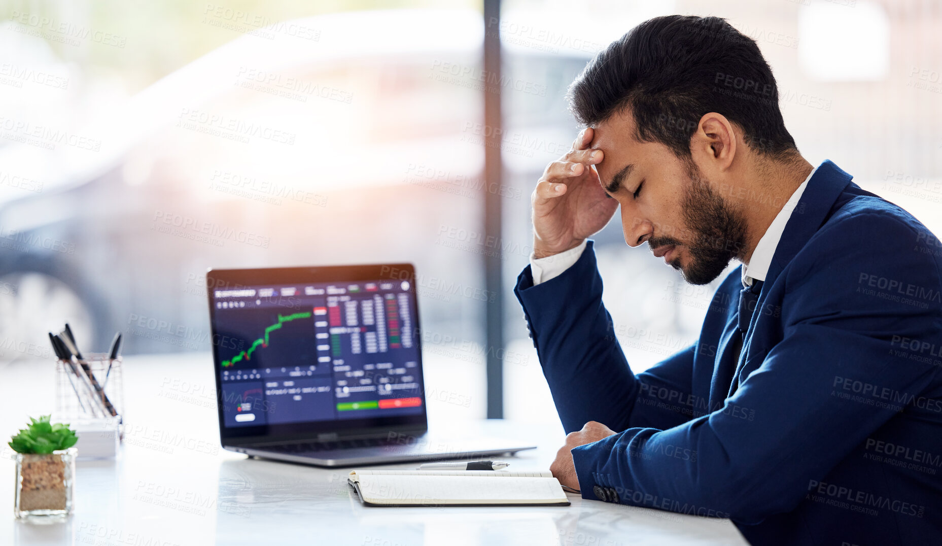 Buy stock photo Inflation, sad and laptop with man and stock market crash for finance, trading and investment. Failure, anxiety and stress with male employee for accounting risk, data analytics and trade crisis