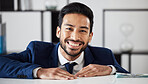 Portrait of businessman with cash investment, smile and dollars in trade office with profit, bonus and growth. Money, bills and happy man, stock market trading or payment on financial budget increase
