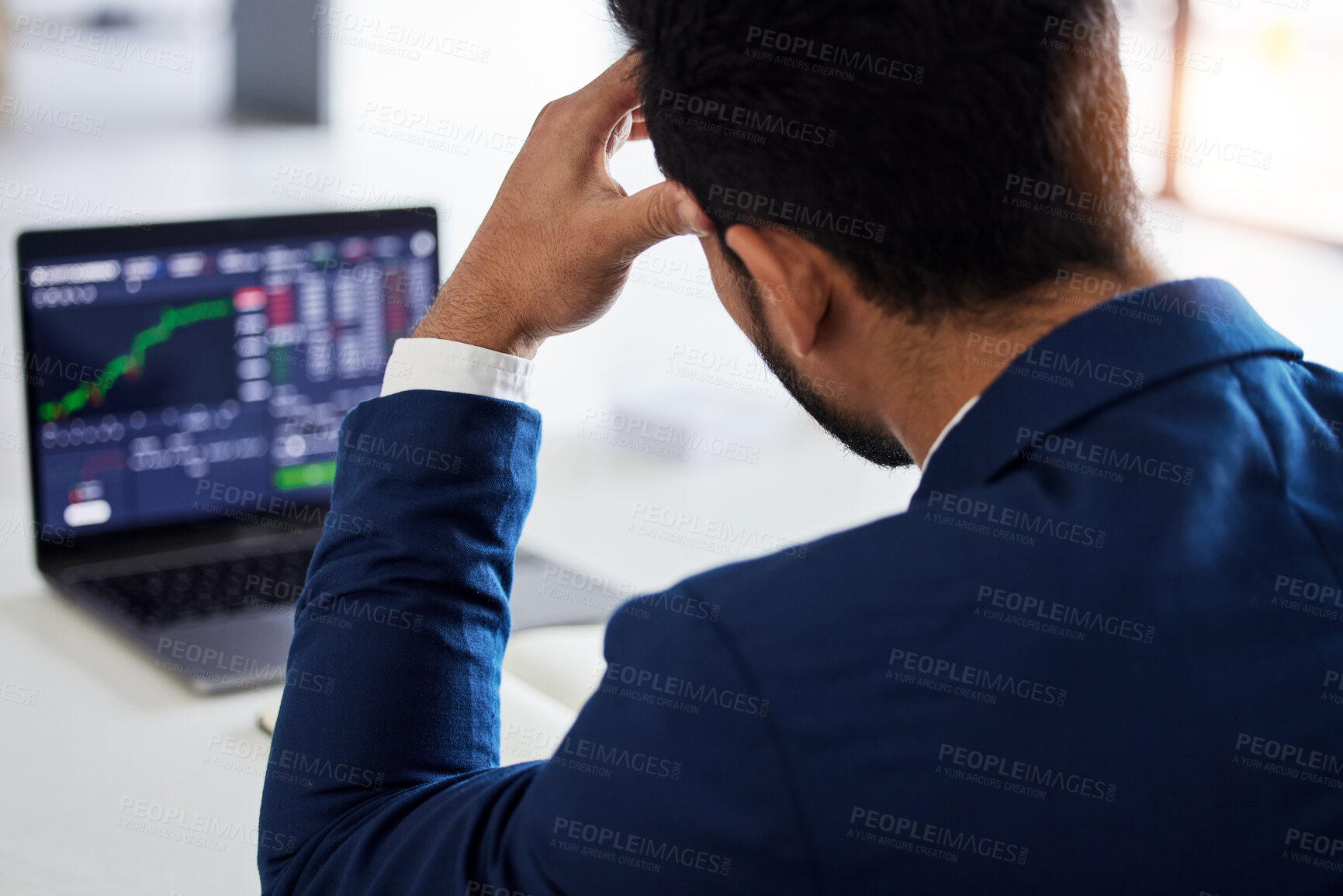Buy stock photo Closeup, stress and laptop with man and stock market crash for finance, inflation and investment. Failure, anxiety and sad with male employee for accounting risk, data analytics and trading crisis