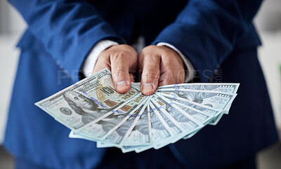 Buy stock photo Businessman, hands and money fan of dollars for banking, trading bills and investment budget or financial freedom. Closeup of rich trader, profit and income of bonus, pay cash or accounting of wealth