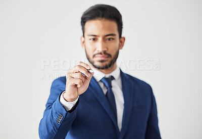 Buy stock photo Business man, writing and glass with thinking, office or planning for analytics, ideas or brainstorming. Young finance employee, pen and board for innovation, statistics or vision with mindset at job