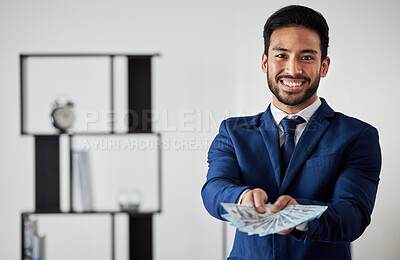 Buy stock photo Portrait, business man and money fan for finance, trading bills or investment reward of financial freedom. Happy asian trader, savings investor or cash profit of income, bonus or wealth of accounting