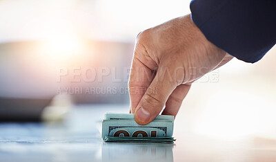 Buy stock photo Hands of man with cash, notes and dollars in on desk in trade office with profit, bonus deal and financial growth. Money stack, bills and banking, payment and financial budget investment opportunity.