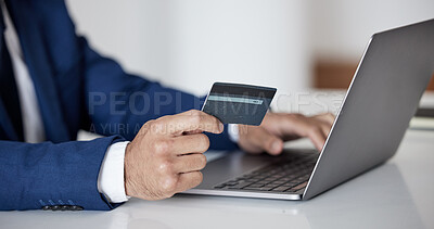 Buy stock photo Credit card, hands and business man at laptop for fintech, accounting investment or savings budget. Closeup of trader, investor and computer for online shopping, ecommerce banking or trading money 