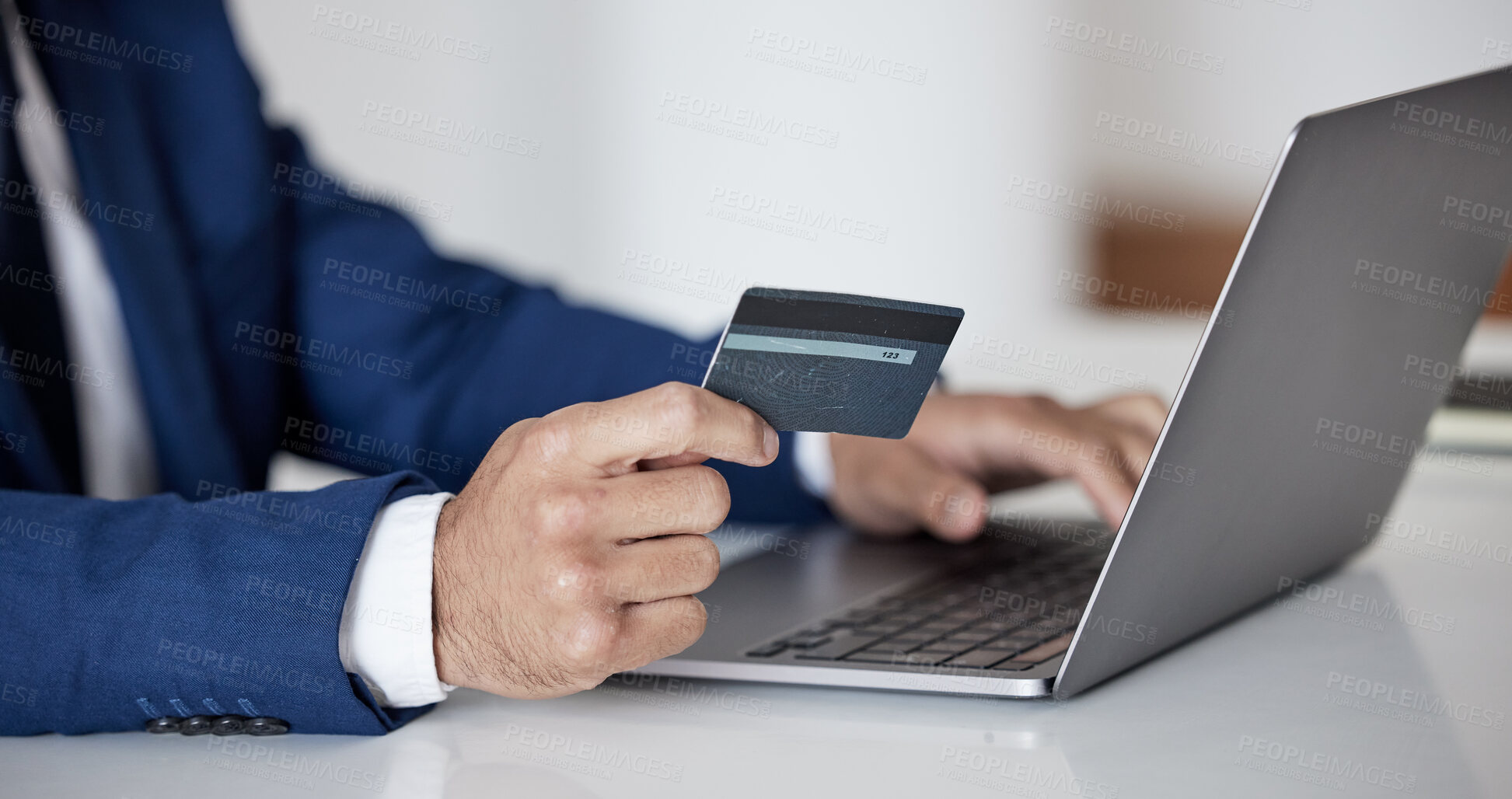 Buy stock photo Credit card, hands and business man at laptop for fintech, accounting investment or savings budget. Closeup of trader, investor and computer for online shopping, ecommerce banking or trading money 