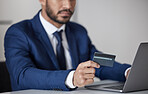 Corporate, man and hands at laptop with credit card for ecommerce, accounting or banking investment. Closeup of trader at computer for online shopping, fintech and trading money in financial economy