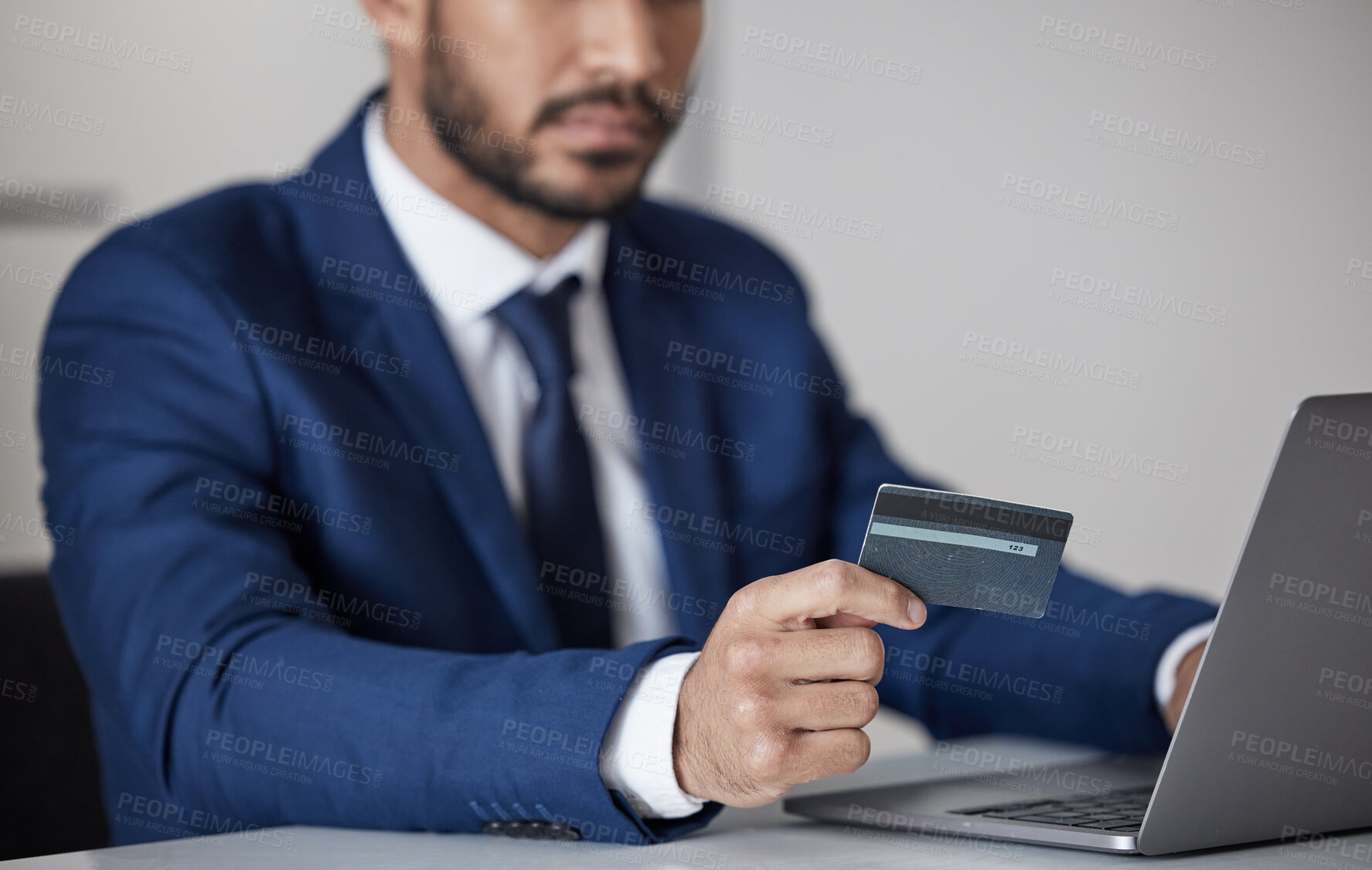 Buy stock photo Corporate, man and hands at laptop with credit card for ecommerce, accounting or banking investment. Closeup of trader at computer for online shopping, fintech and trading money in financial economy