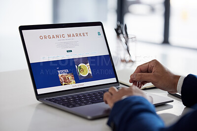 Buy stock photo Online shopping menu, laptop screen and person hands reading food delivery, restaurant webdesign or web store option. About us, organic market homepage and hungry customer with lunch nutrition choice