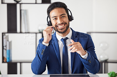 Buy stock photo Call center communication, portrait or happy man, professional receptionist or agent smile for customer care service. Consultation, telecom headset or corporate person advice in administration office