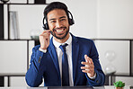 Customer service portrait, smile and business man consulting on help desk support, telecom or sales pitch. Telemarketing communication, contact us or professional person talking in call center office