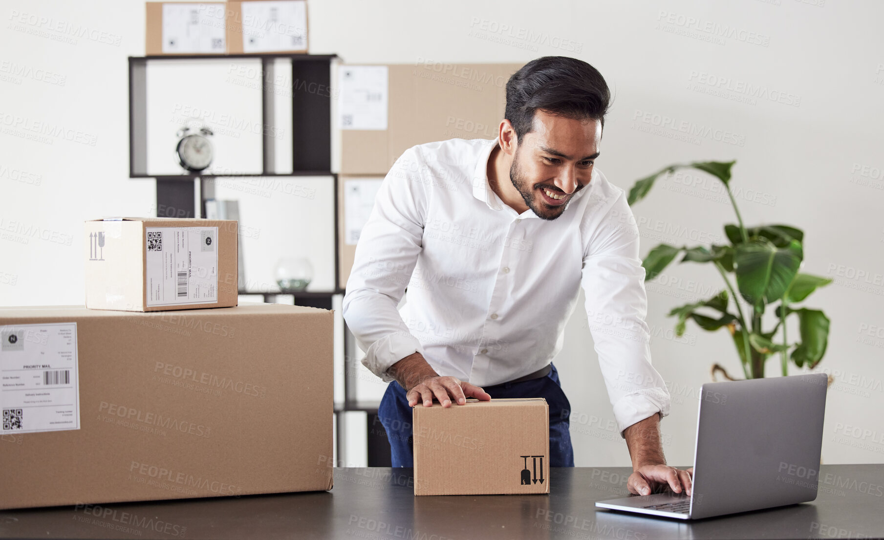 Buy stock photo Laptop, box and business Asian man for logistics startup for shipping, delivery and distribution service. Ecommerce, supply chain and male person on computer planning for package, parcel and order