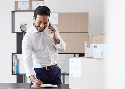 Buy stock photo Phone call, business notebook and happy man with delivery notes, writing order schedule or planning shipping distribution. Supply chain, ecommerce planner or logistics person talk with cellphone user