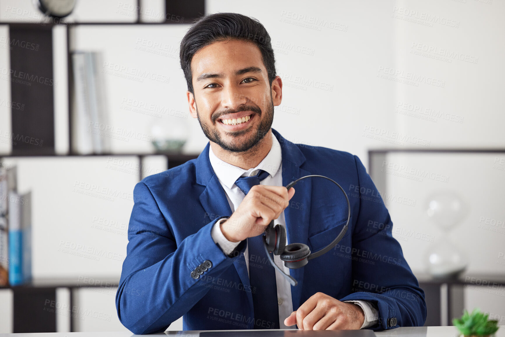 Buy stock photo Call center, office portrait and happy man, professional receptionist or consultant smile for company customer care. Lead generation, contact us or corporate person happiness in telemarketing office