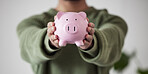 Finance, investing or hands of person with piggy bank for financial wealth growth or savings increase. Closeup, income or investor holding cash safe or budget in tin for safety or insurance security 