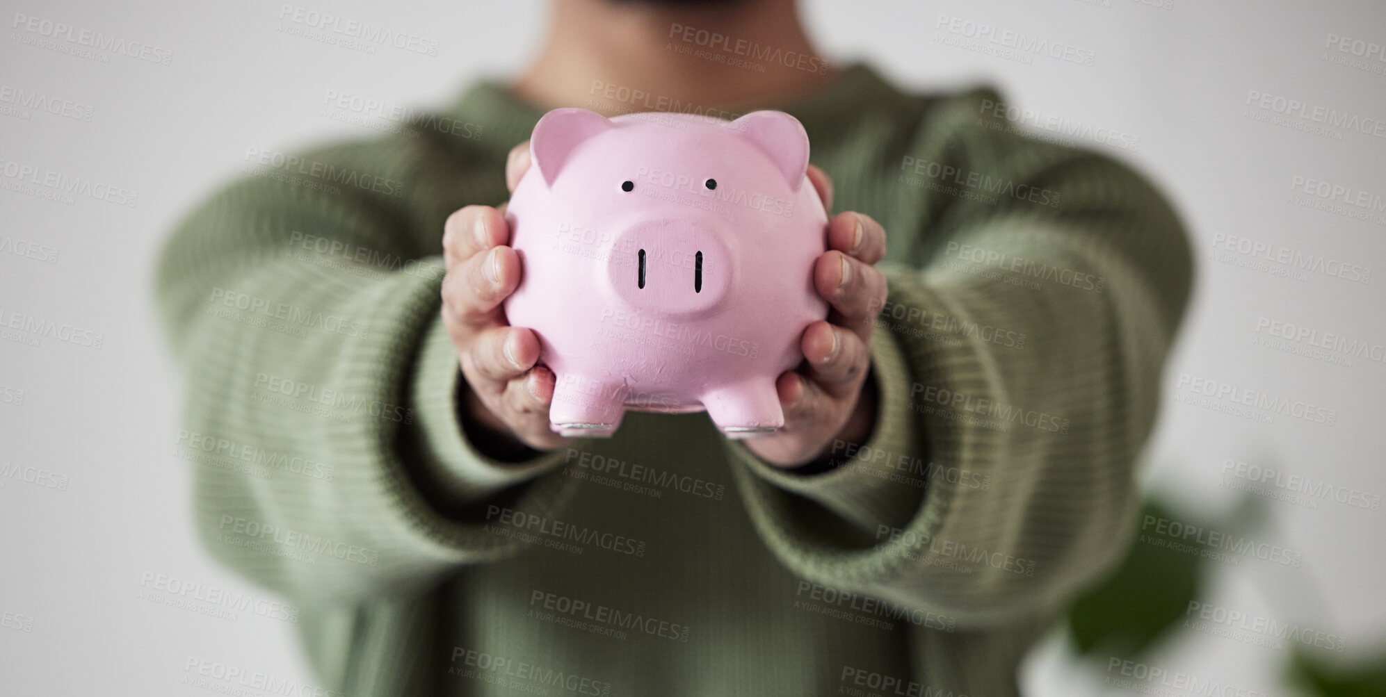 Buy stock photo Finance, investing or hands of person with piggy bank for financial wealth growth or savings increase. Closeup, income or investor holding cash safe or budget in tin for safety or insurance security 