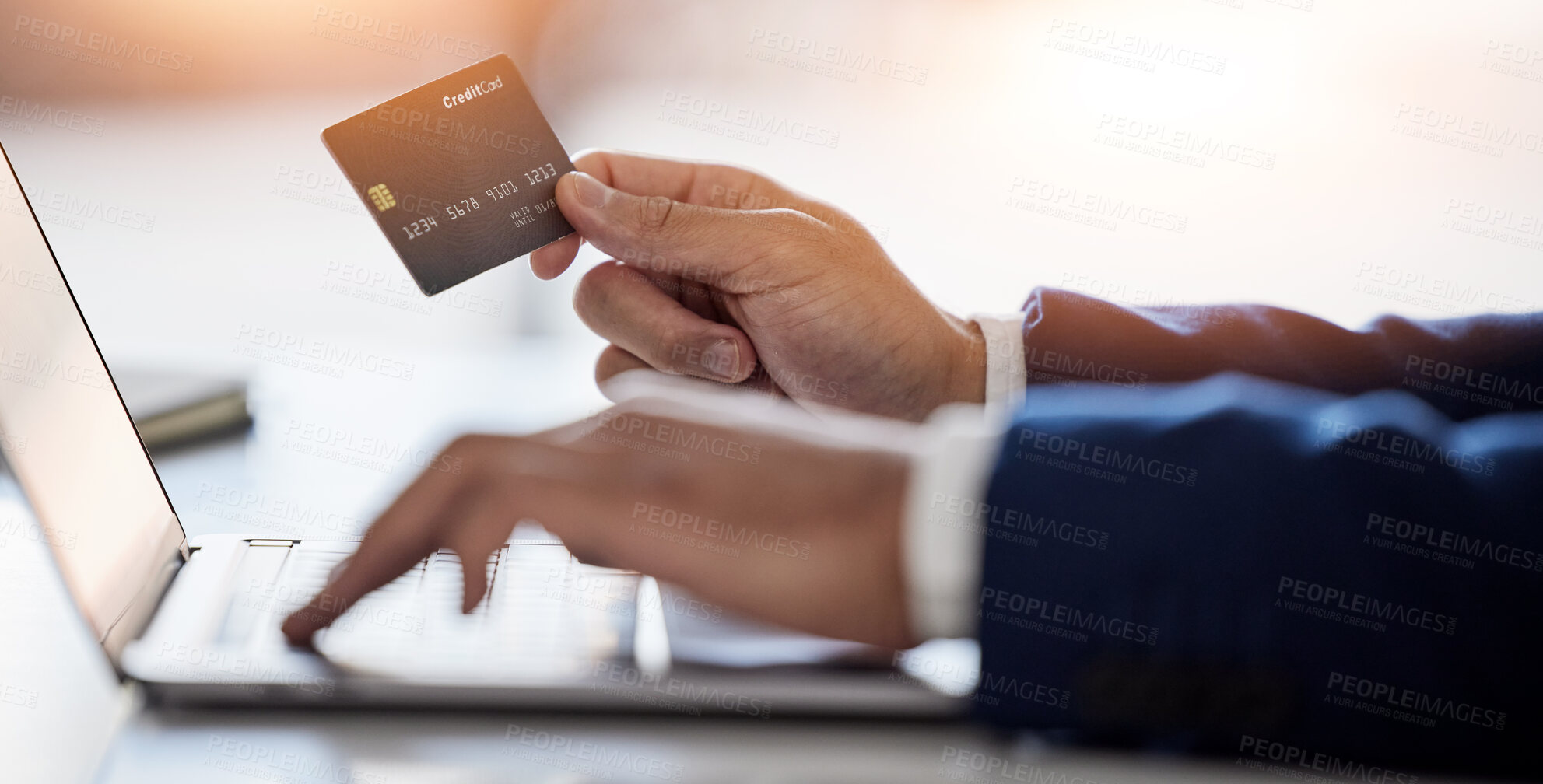 Buy stock photo Business man, hands and credit card at laptop for ecommerce, accounting budget or banking investment. Closeup of worker at computer for online shopping, fintech and trading money in financial economy