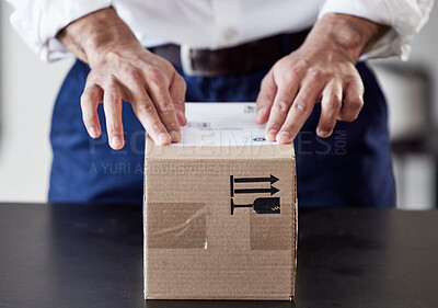 Buy stock photo Label, delivery or hands of businessman with box for ecommerce, courier cargo or distribution service. Shipping, order sticker or entrepreneur sending a store package, freight parcel or mail product