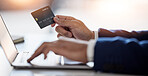 Corporate, man hands and credit card at laptop for ecommerce, accounting budget or savings investment. Closeup of sales trader at computer of online shopping, fintech banking or code in trading money