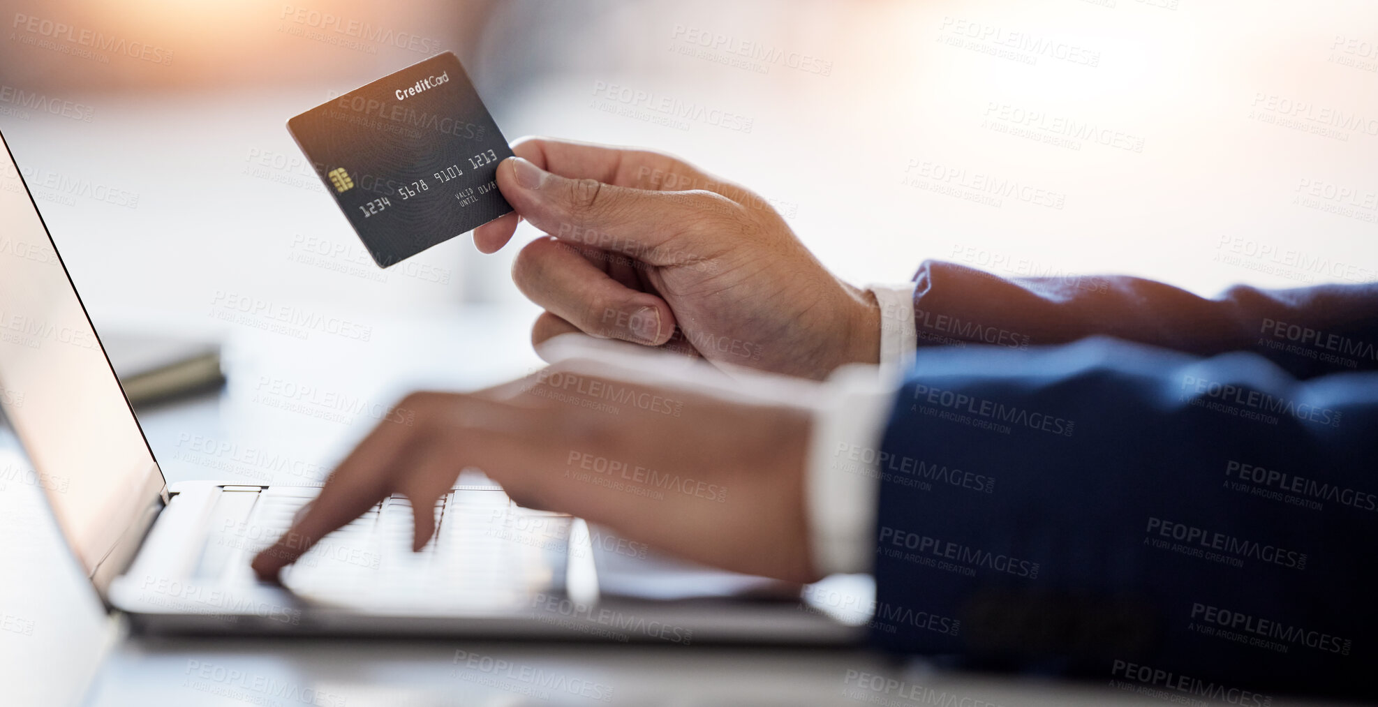 Buy stock photo Corporate, man hands and credit card at laptop for ecommerce, accounting budget or savings investment. Closeup of sales trader at computer of online shopping, fintech banking or code in trading money