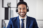 Customer service portrait, happiness and business man consulting on technical support, telecom or ecommerce. Telemarketing communication, face and corporate person happy in call center administration