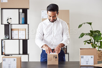 Buy stock photo Courier, delivery and businessman with box for shipping logistics, product label or distribution service. Ecommerce, label sticker or entrepreneur sending a mail post package, freight parcel or cargo