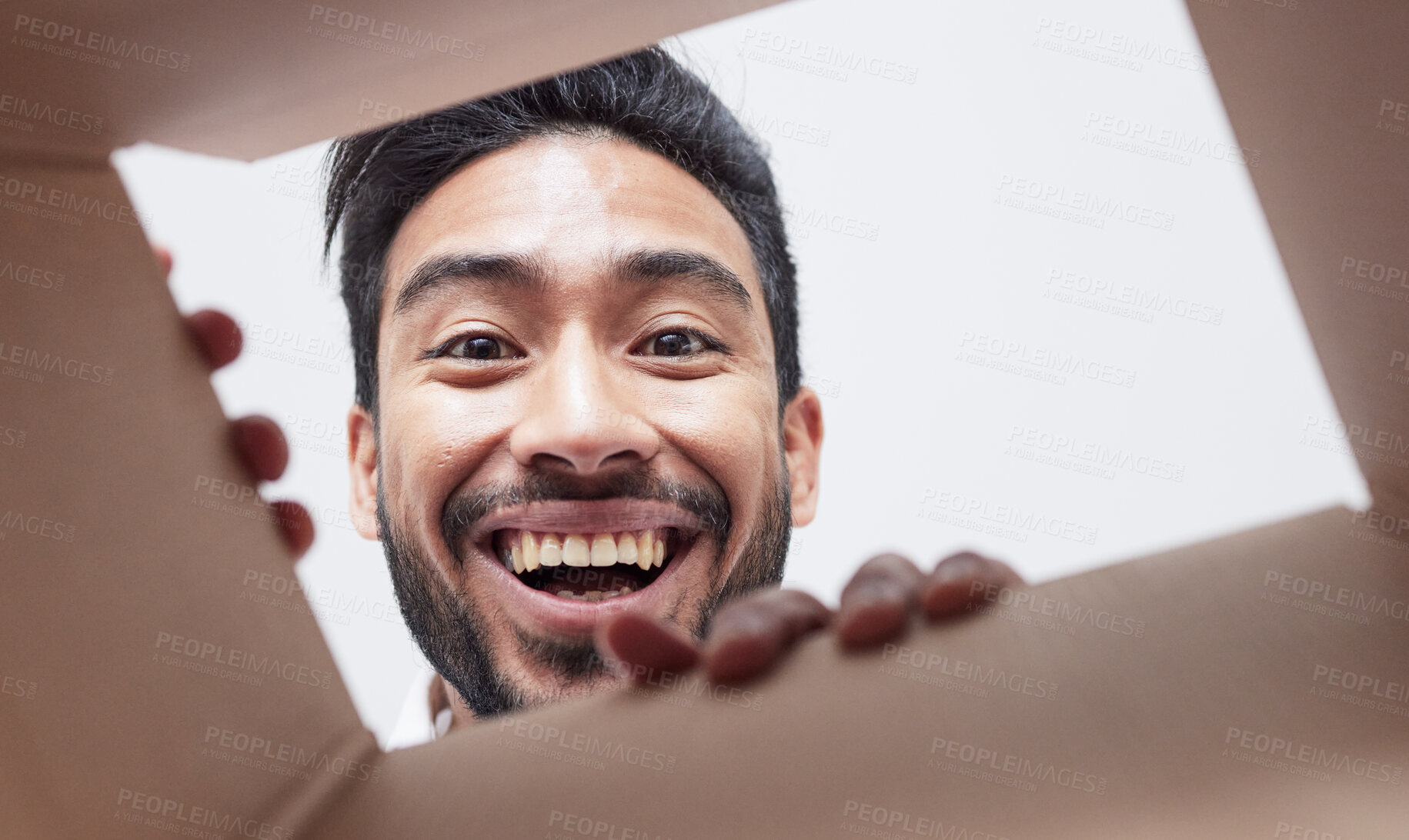 Buy stock photo Surprise, delivery or happy man with box, gift or package with smile or shock for courier service or ecommerce. Face, wow or portrait of person excited by mail post, parcel cargo or shipping present