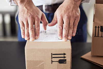 Buy stock photo Label, delivery or hands of man with box for courier cargo, ecommerce or supply chain distribution service. Shipping, order sticker or postman sending a store package, freight parcel or mail product