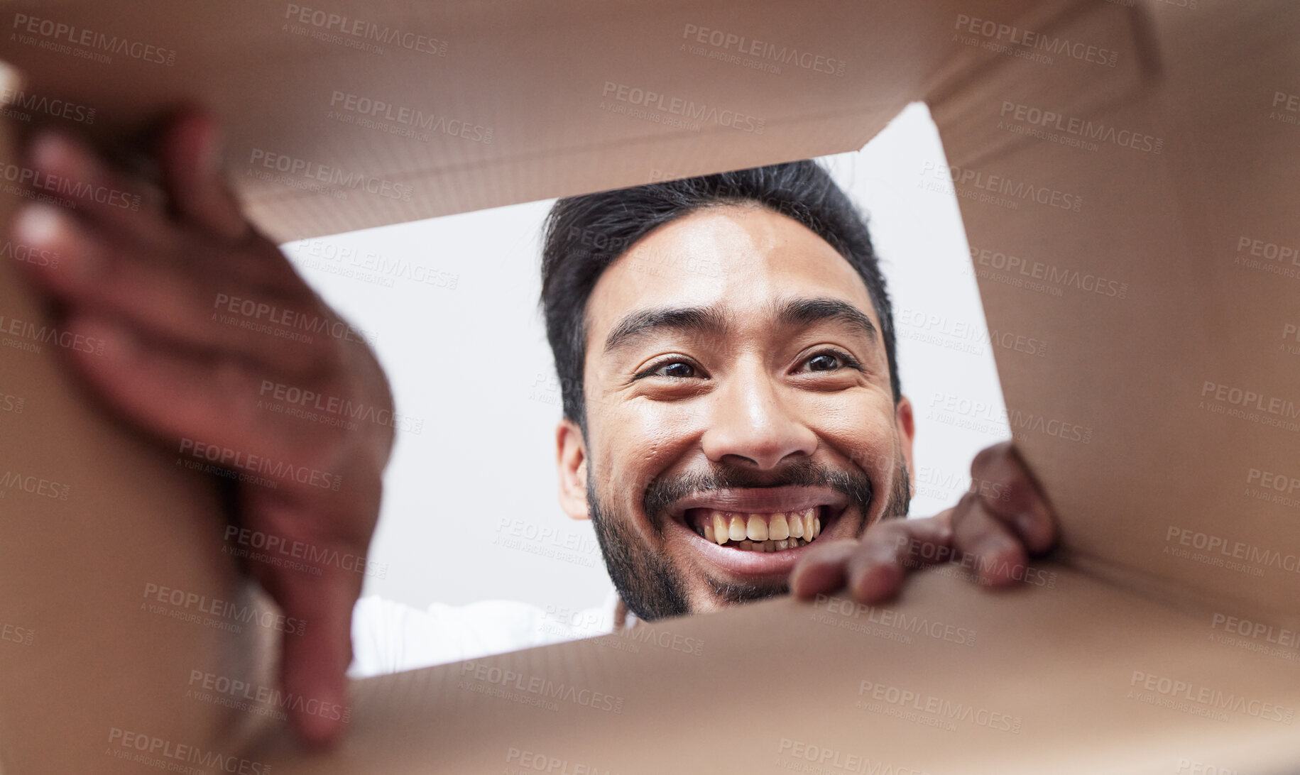 Buy stock photo Open, delivery or happy man with box, gift or package with smile for courier service or ecommerce. Face, wow or customer excited by mail post order, parcel cargo or online shopping shipping present