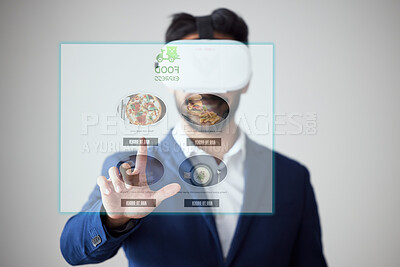 Buy stock photo Online shopping menu, future screen and man point select fast food delivery, restaurant store choice or web catalog. Meal, virtual reality dashboard or business customer decision on metaverse website