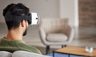 Buy stock photo Man, sofa and virtual reality glasses for interior design software, metaverse and user experience online. Person back on couch or living room for home VR, high technology and futuristic vision