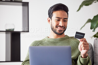 Buy stock photo Laptop, ecommerce or happy man online shopping with credit card for digital product with discount code. Smile, promo or customer with financial payment to buy on sale on fintech application at home 