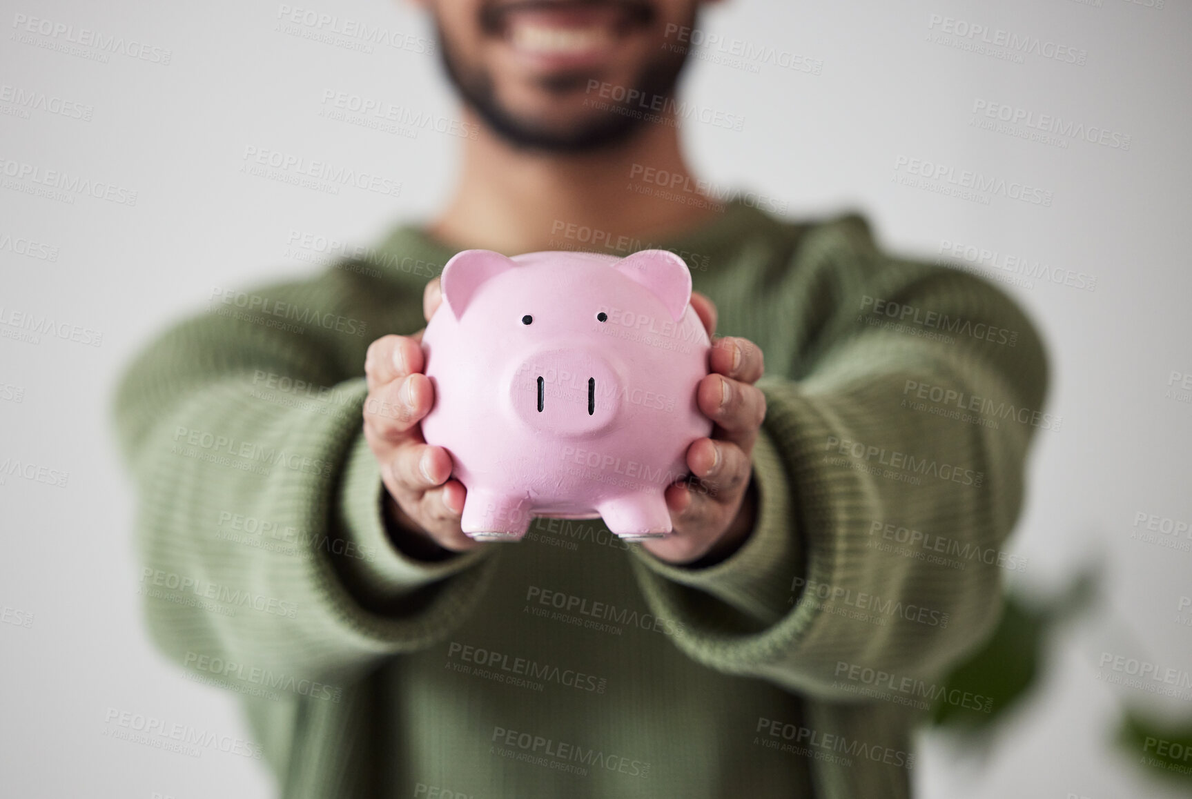 Buy stock photo Finance, investment or hands of man with piggy bank for financial wealth growth or savings increase. Closeup, income or person holding profit earnings budget in tin for safety or insurance security 