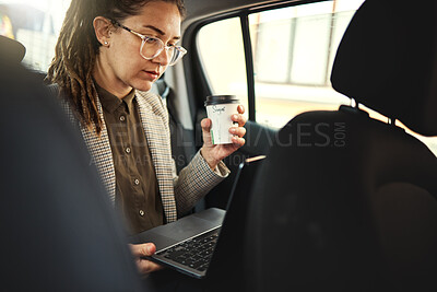 Buy stock photo Laptop, taxi travel and business woman, consultant or agent working on online research, reading information or check email. Morning commute, city transportation and professional person on car journey