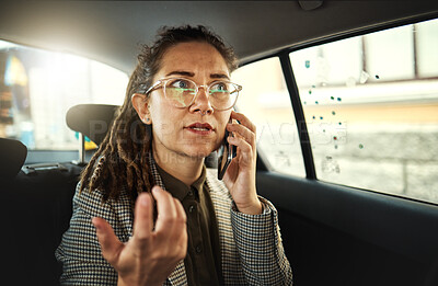 Buy stock photo Phone call, taxi or business woman angry about problem, stress or frustrated with city traffic, schedule or time management crisis. Travel risk, cellphone or corporate person late on journey in car
